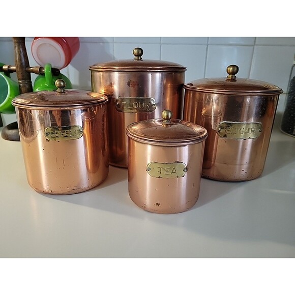 Vintage Copper Canister Set of 4 Nesting with lids Unmarked 1970's Tea Coffee - Picture 12 of 12
